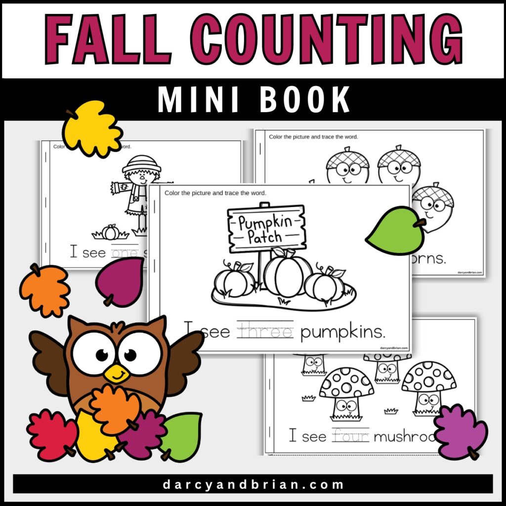 Printable fall counting mini book overlapping on a white background. Cute owl in lower left corner. Pink and white text says Fall Counting Mini Book.