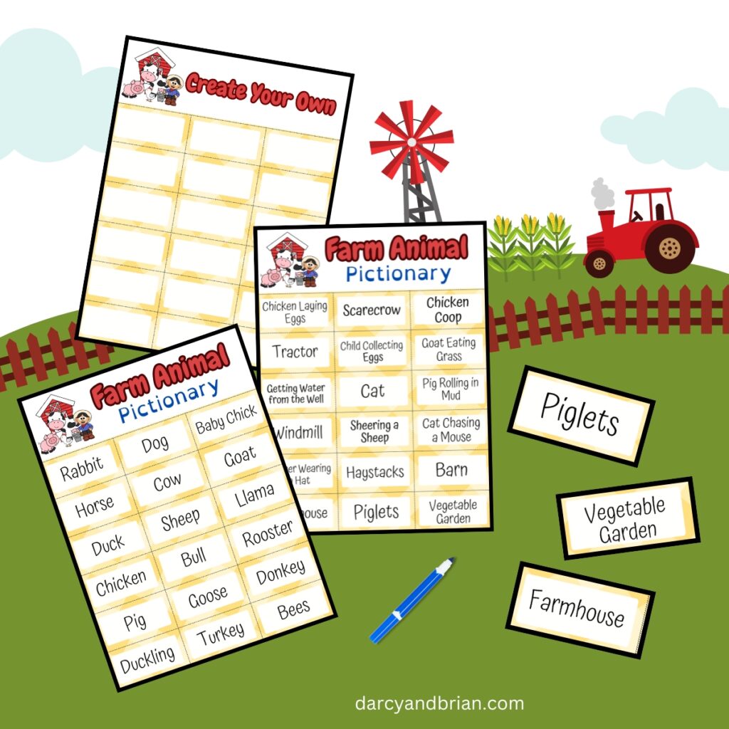 Farm animal themed word cards for playing PIctionary and a set of blank cards to make your own over a background of a field with a tractor.
