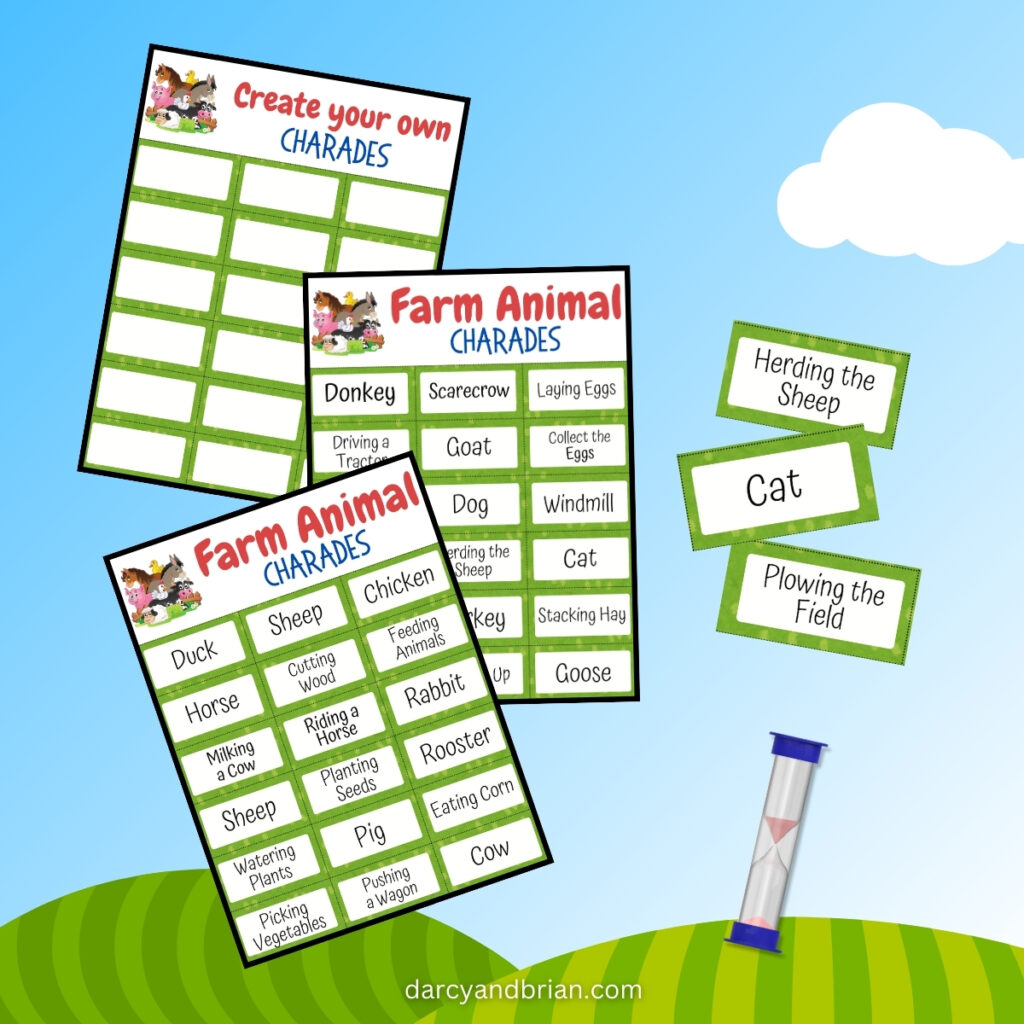 Printable charades cards with farm animal prompts overlapping on a background of sky and green field.