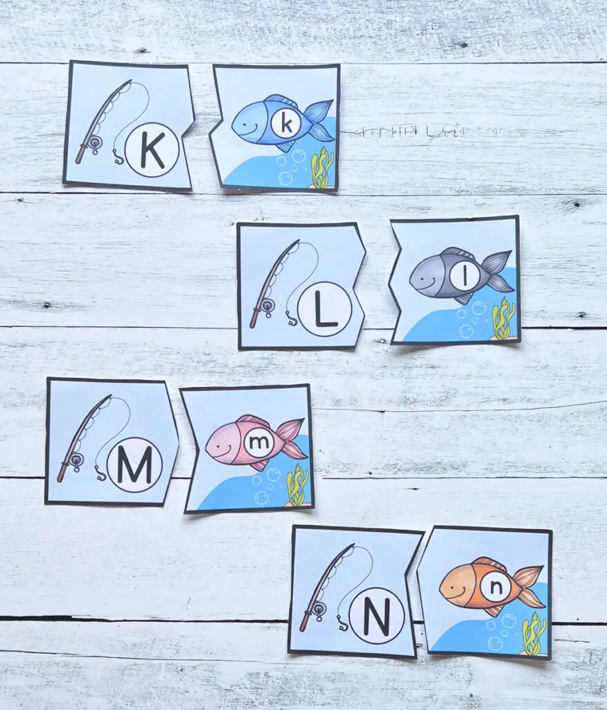 Kk, Ll, Mm, and Nn fishing alphabet printable activity matches.