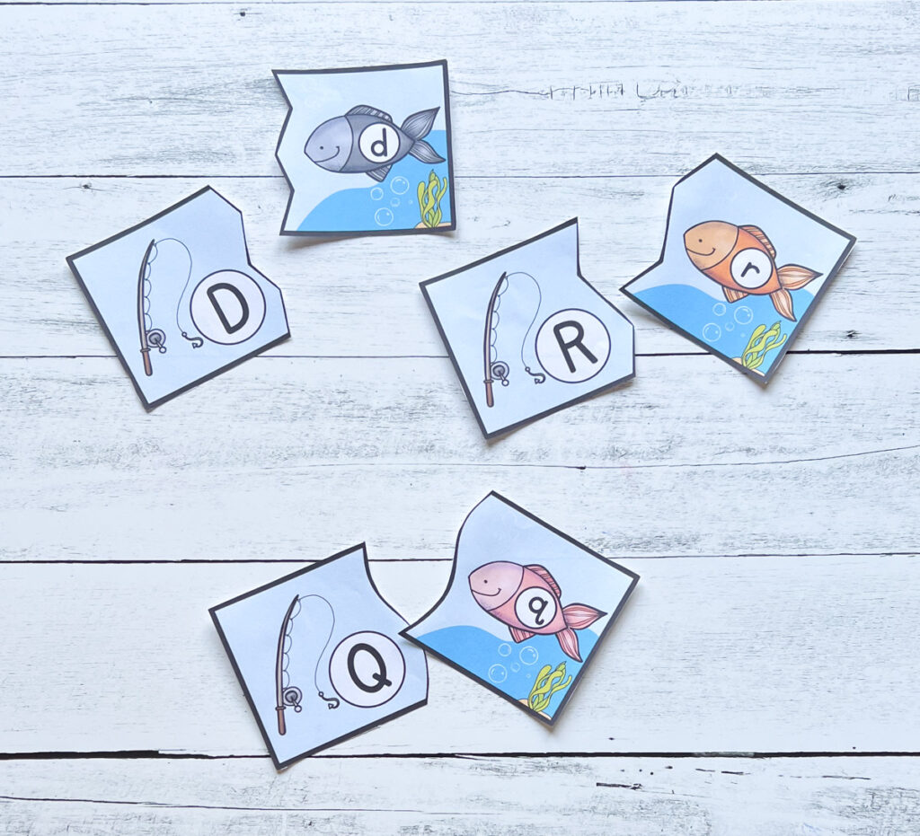 Fishing pole and fish cards with letters Dd, Rr, and Qq arranged next to each other.