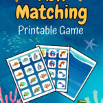 Mockup of printable matching card sheets fanned out over under the sea background. Text says Fish Matching Printable Game.