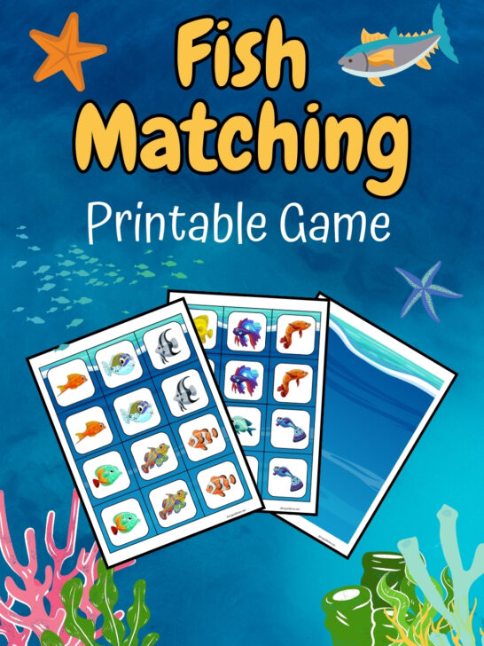 Mockup of printable matching card sheets fanned out over under the sea background. Text says Fish Matching Printable Game.