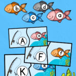 Text at top says Free Printable Fishing for Letters. Mockup of fish themed letter match puzzle cards on a blue background.