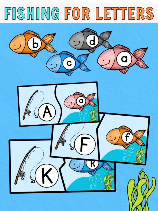 Text at top says Free Printable Fishing for Letters. Mockup of fish themed letter match puzzle cards on a blue background.