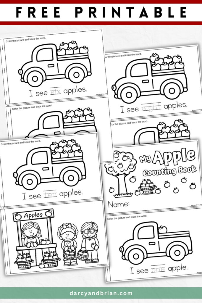 Apple counting book printable pages overlapping on a white background. Black and red text says Free Printable.