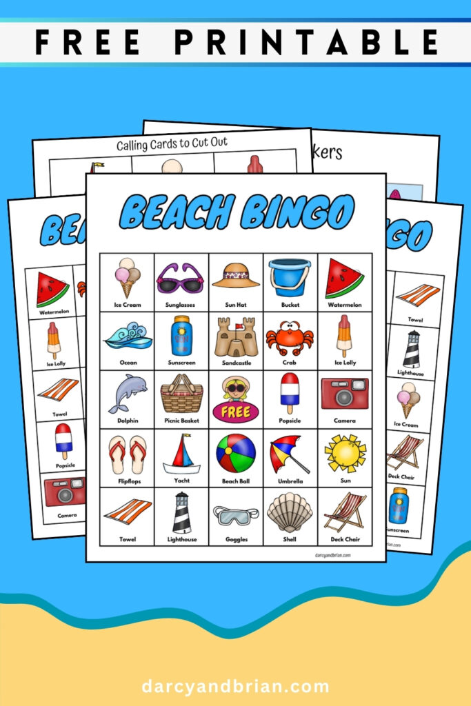 Assorted beach bingo cards overlapping on a digital mockup on a blue background. Top of image says Free Printable.