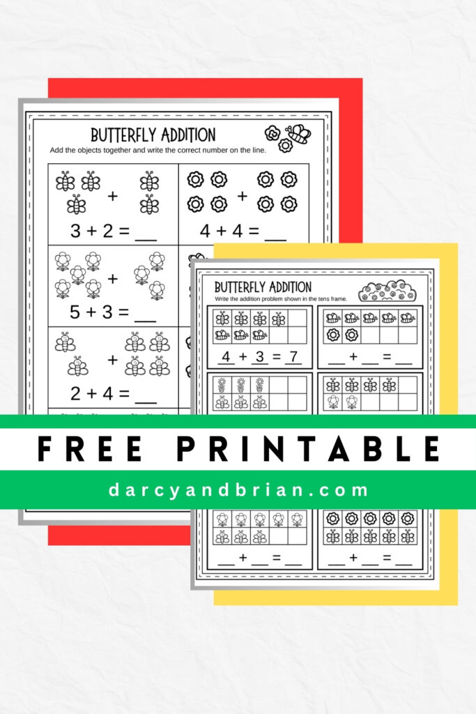 Butterfly and flower addition worksheets overlapping on a white background. Black text across the middle says Free Printable.