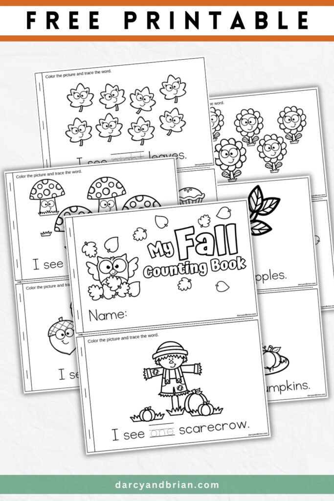 Fall counting book printable overlapping on a white background. Black text on top says Free Printable.