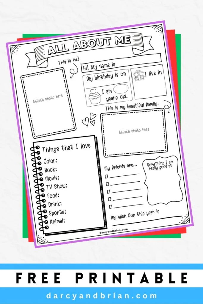 Fun classroom activity for kids to interview themselves or other classmates. Mockup of page on white background with red and green papers underneath.