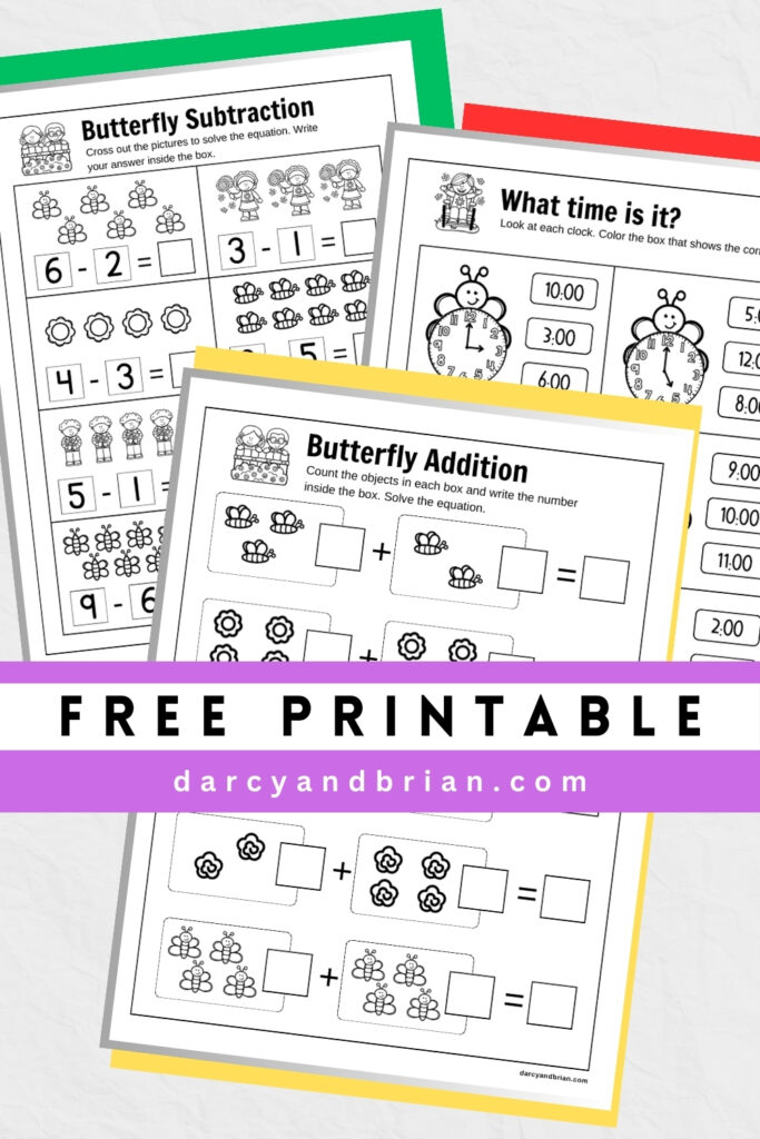 Butterfly themed addition, subtraction, and telling time activity pages with text across the middle that says Free Printable.