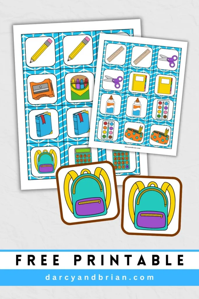 Memory printable game with backpacks, pencils, and other supplies for the classroom.