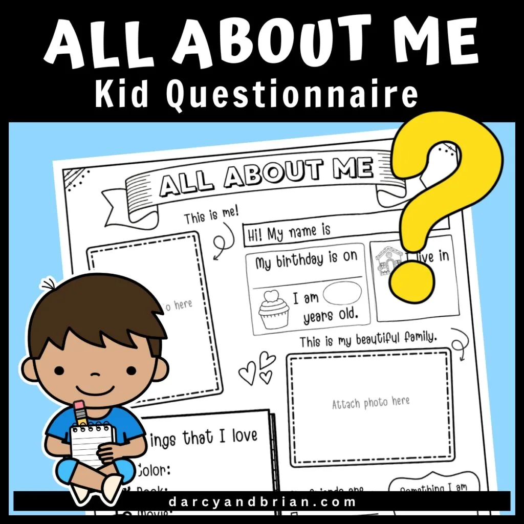 Closer preview of the top portion of the about me kid worksheet with questions and space for a couple pictures. Clipart question mark and child writing decorate the image.