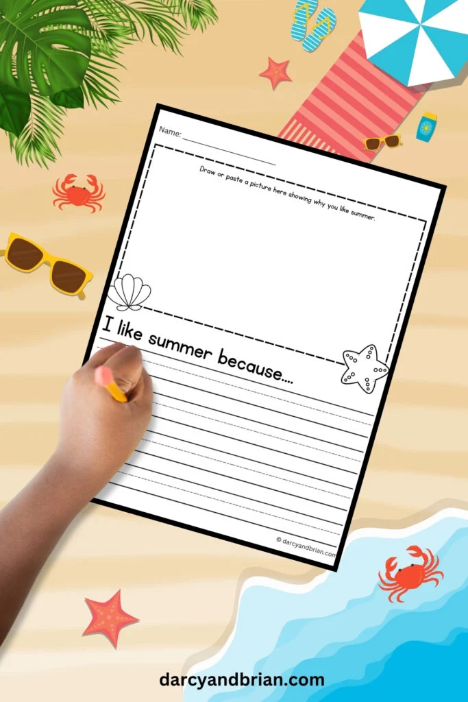 Mockup of writing prompt for kids about why they like summer. There is space to draw a picture and handwriting lines. Child's hand holding a pencil over the page. Background is an illustrated beach scene.