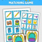 Black, yellow, and white text at top says Free Printable School Supplies Matching Game. Mockup of colorful game cards with various school items.