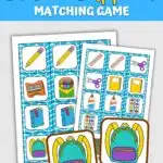 Black, yellow, and white text at top says Free Printable School Supplies Matching Game. Mockup of colorful game cards with various school items.