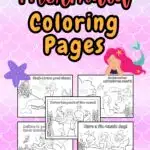 Mockup of five coloring pages with underwater scenes featuring mermaids on a blue and pink gradient background decorated with a scale pattern.