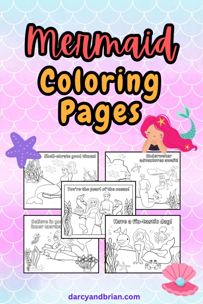 Mockup of five coloring pages with underwater scenes featuring mermaids on a blue and pink gradient background decorated with a scale pattern.