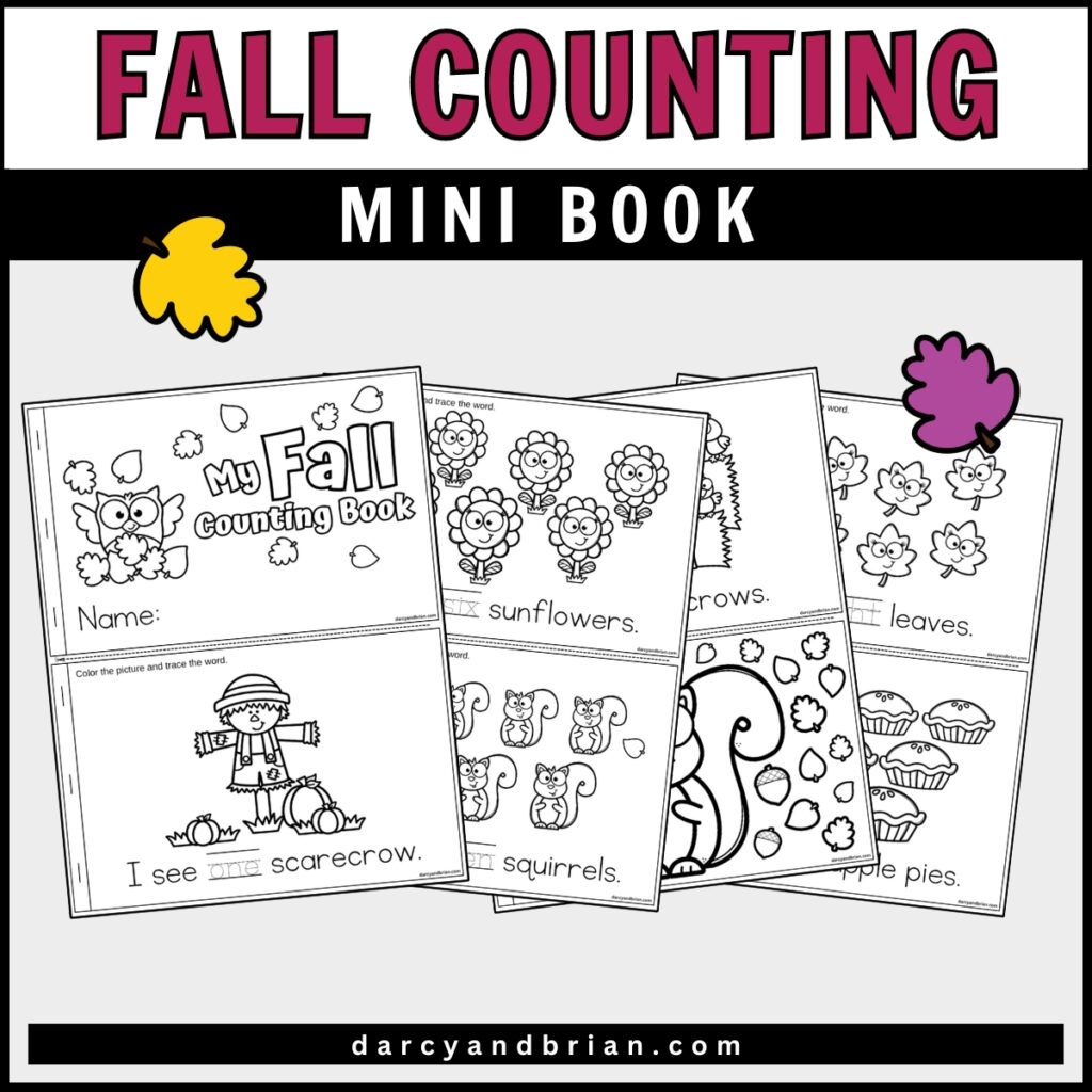 Overlapping pages showing scarecrows, squirrels and other fall themed objects for preschoolers to count and color.