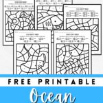 Preview of five color by number worksheets for little kids featuring sea creatures.