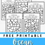 Preview of five color by number worksheets for little kids featuring sea creatures.