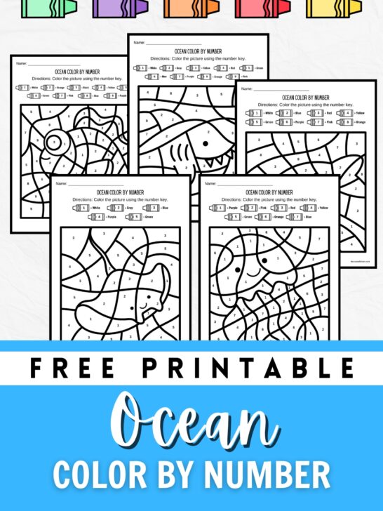 Preview of five color by number worksheets for little kids featuring sea creatures.