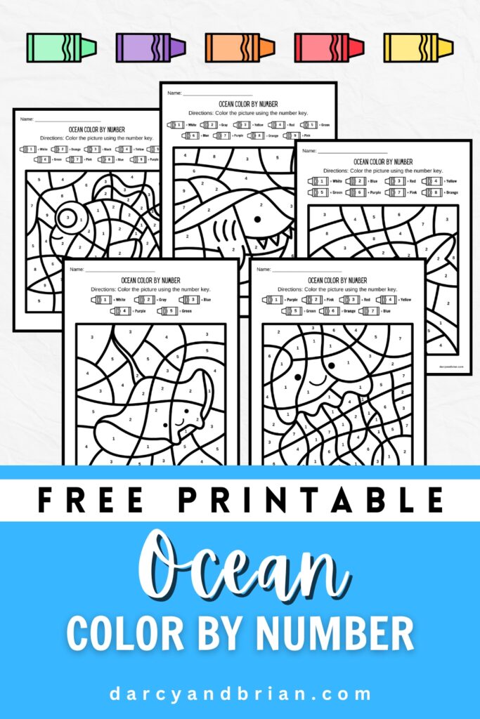 Preview of five color by number worksheets for little kids featuring sea creatures.