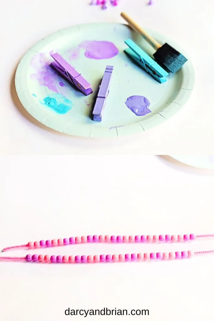 Top photo shows three clothespins. Each painted a different color and drying on a plate: pink, purple, blue. Bottom picture shows pink pony beads on a pink chenille stem.