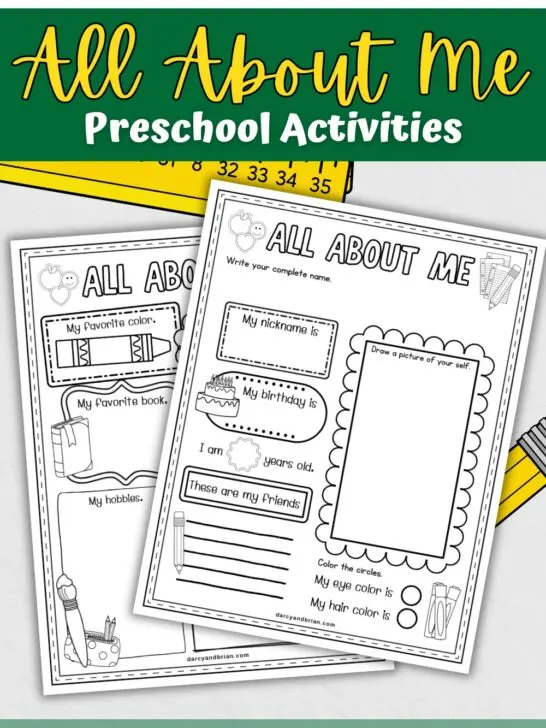 Mockup showing two pages with space for preschoolers to draw a picture of themselves and about their favorite things.