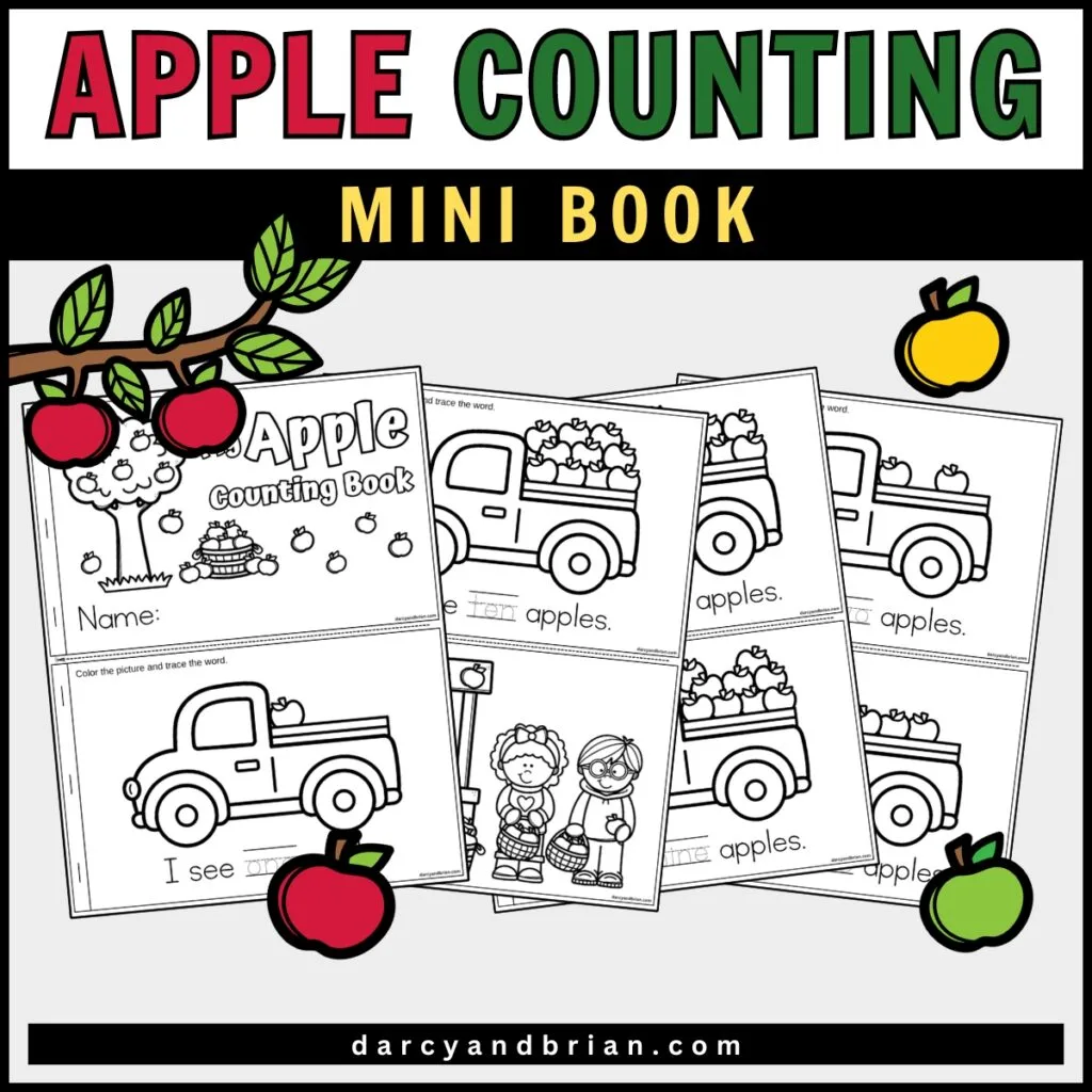 Preview of printable pages used to make a half page booklet for preschoolers to work on numbers one to ten counting apples on a truck.