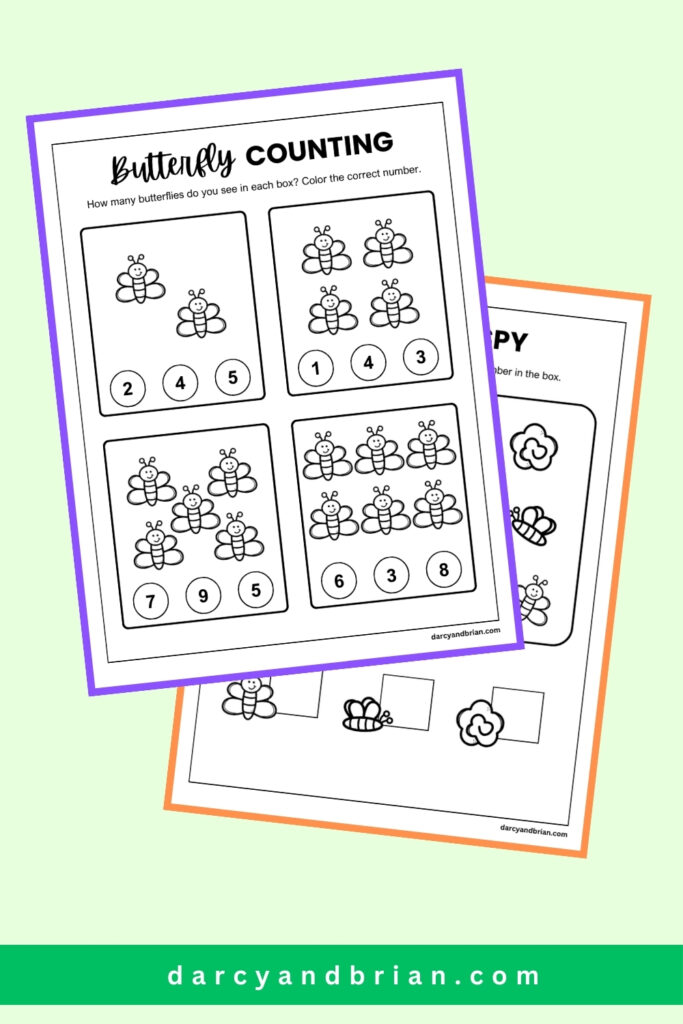 Two math activity pages overlapping each other on light green background. Top one to count and match butterfly pictures to correct number. Bottom page is a mini seek and find activity.