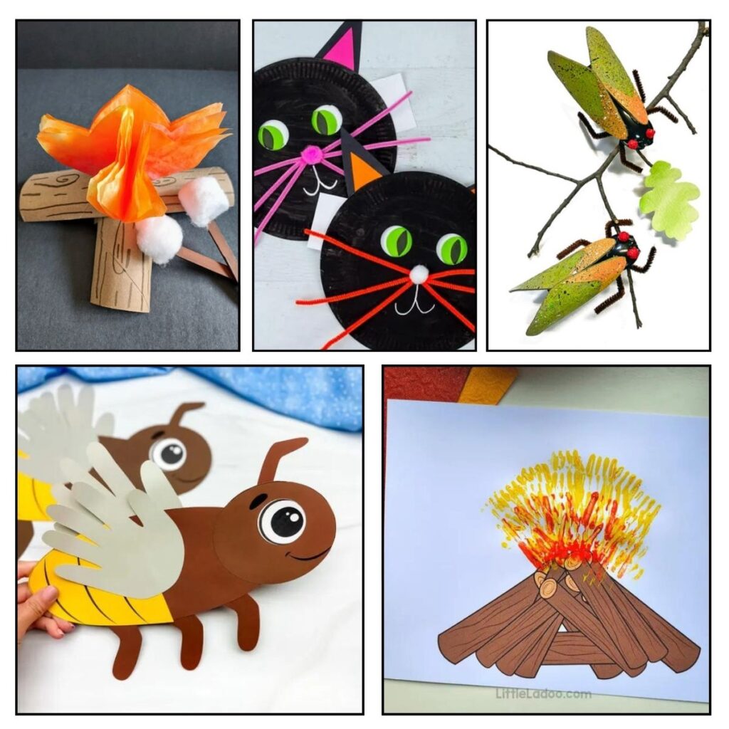 Square collage of five different craft ideas for preschool children to do in August. Includes campfire, cat, cicada, and firefly.