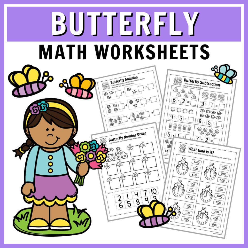 Mockup with four worksheets with number order, addition, subtraction, and time problems. Colorful girl and butterflies decorate image.
