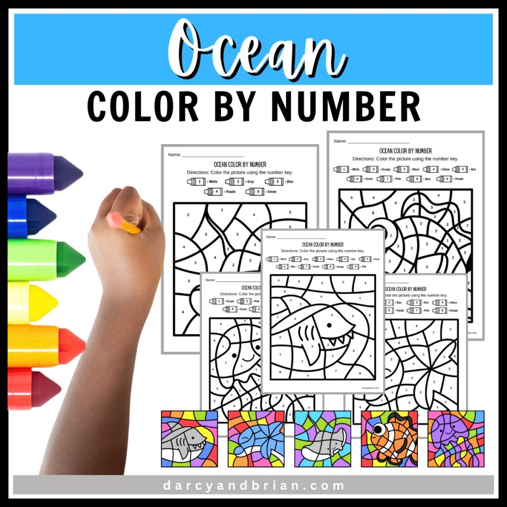 Mockup of black and white ocean themed color by number pages with smaller full color versions along the bottom. Markers and a child's hand holding a pencil are along the left side.