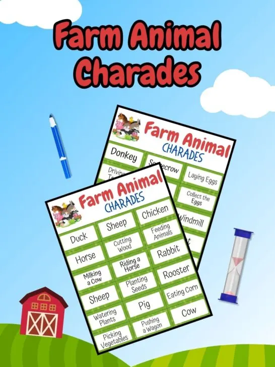 Preview of two pages of charades acting prompts with a farm animal theme on a background of a barn, field, and blue sky.
