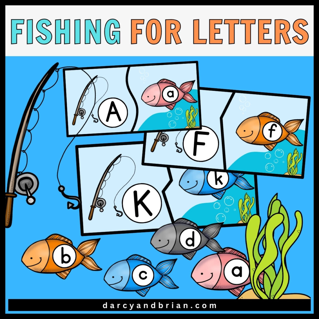 Mockup of printable fishing for letters matching activity.