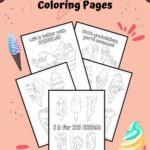 Mockup with five coloring pages featuring ice cream cones and small sundaes. Pages overlap on a pink background decorated with sprinkles, cones, and dripping fudge.