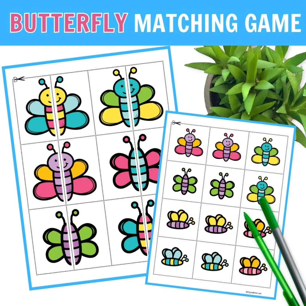 Butterfly matching game printables overlapping on a white background. Pink and white text saying Butterfly Matching Game.