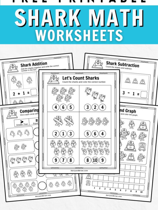 Preview of five overlapping math worksheets with cute shark theme. Top has text on blue background that says Free Printable Shark Math Worksheets.