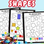 Preview of three worksheets where kids roll a die and color in shapes. Crayons, dot markers, and manipulatives decorate the bottom of the image.