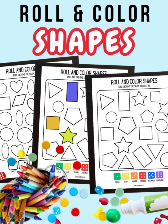 Preview of three worksheets where kids roll a die and color in shapes. Crayons, dot markers, and manipulatives decorate the bottom of the image.