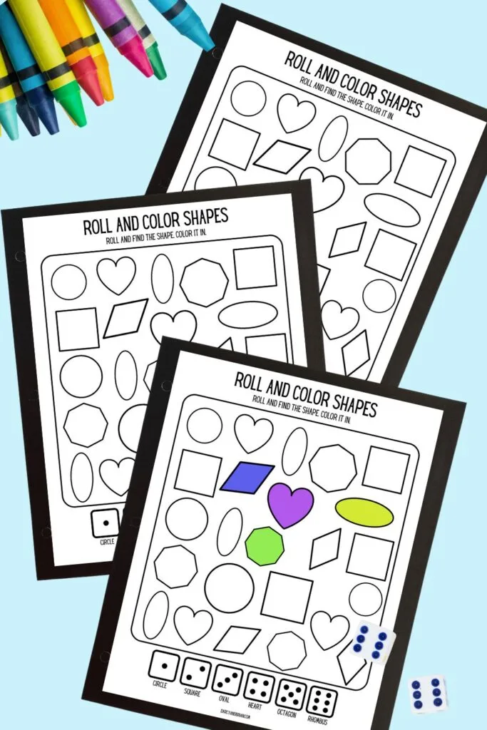 Three roll and color shape worksheets fanned out vertically on a light blue background. These pages feature shapes like hearts, rhombus, circles, octagons, and ovals.