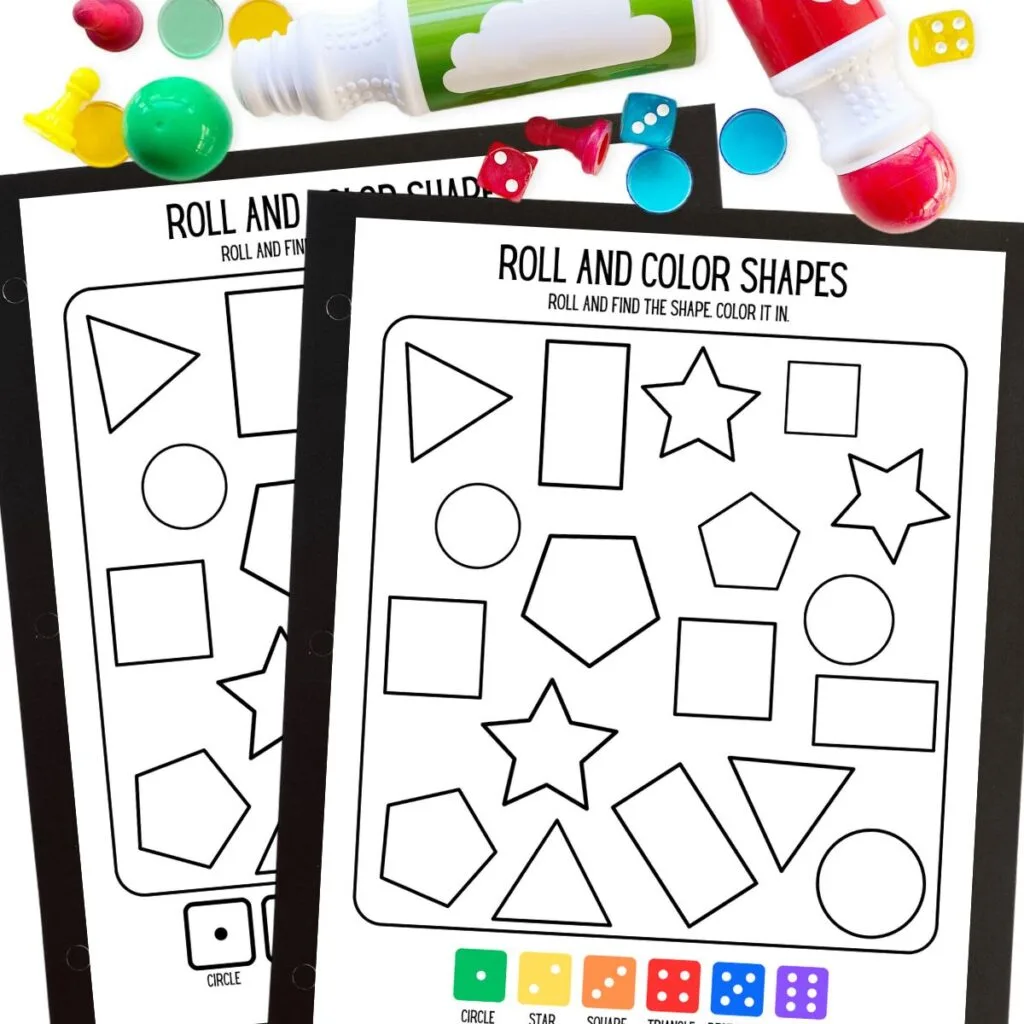 Close view of printable dice game for preschoolers with circles, triangles, rectangles, stars, squares, and pentagons on it to find and color.