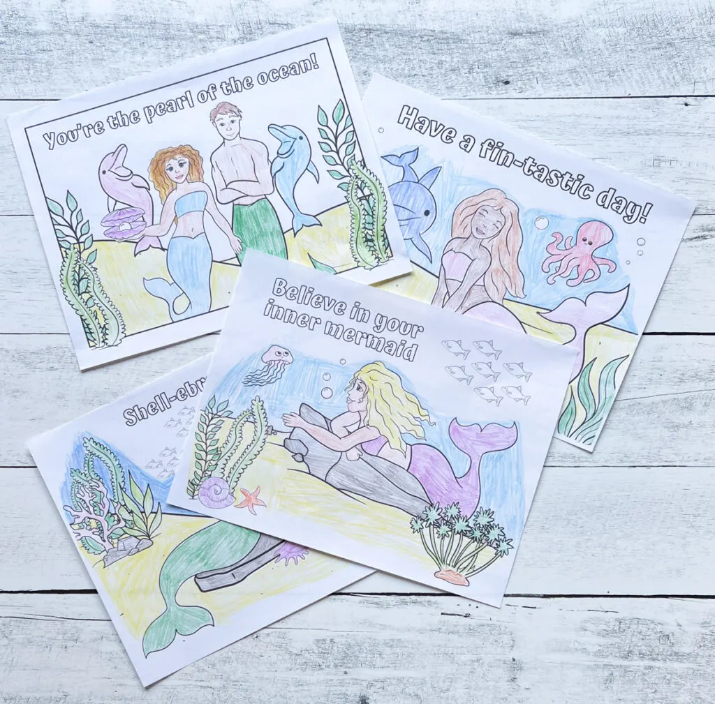 Set of under the sea coloring pages with mermaids on them colored in and overlapping each other.