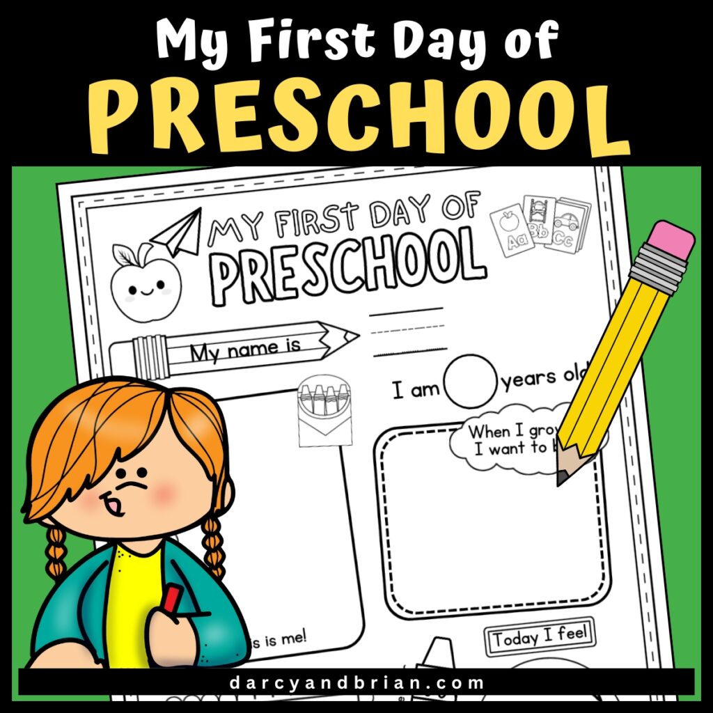Colorful mockup of worksheet to record information for starting preschool. Clipart of pencil and child next to the page.