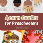 Collage of different acorn craft projects made with a variety of materials such as tissue paper, a handprint shaped one, a puppet, and paint.