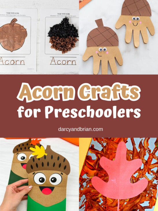 Collage of different acorn craft projects made with a variety of materials such as tissue paper, a handprint shaped one, a puppet, and paint.