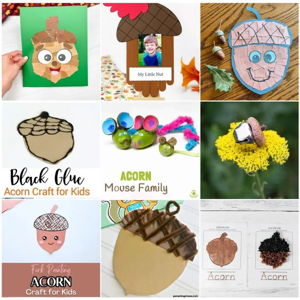 Collage of nine different craft projects making acorn shaped creations or using acorns as a crafting material. All are simple projects that young children can work on.