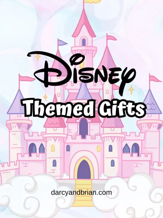 Pink and purple castle in the clouds illustration with text over the middle that says Disney Themed Gifts.