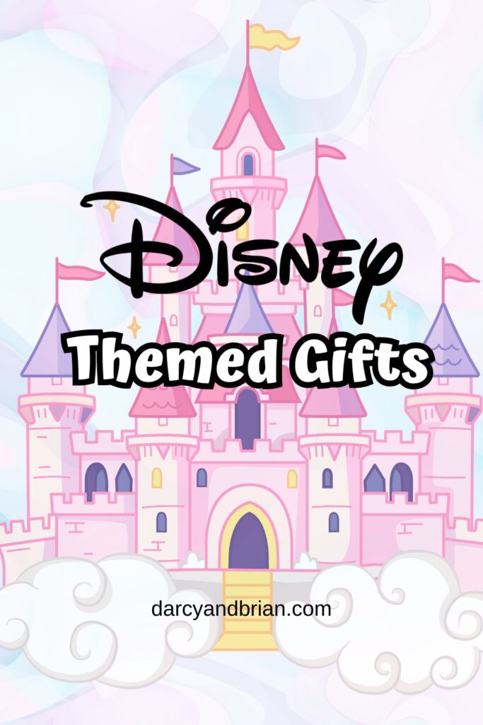 Pink and purple castle in the clouds illustration with text over the middle that says Disney Themed Gifts.